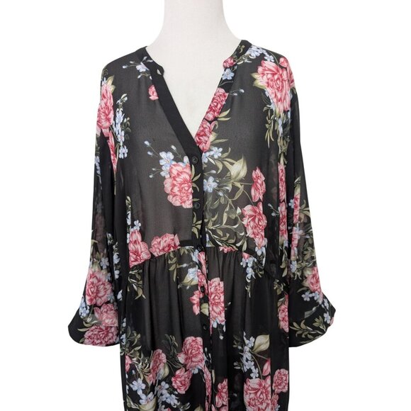 Torrid Floral Sheer Tunic Womens Size 3X Black Hi Low Button Front V Neck Shirt - Picture 5 of 15